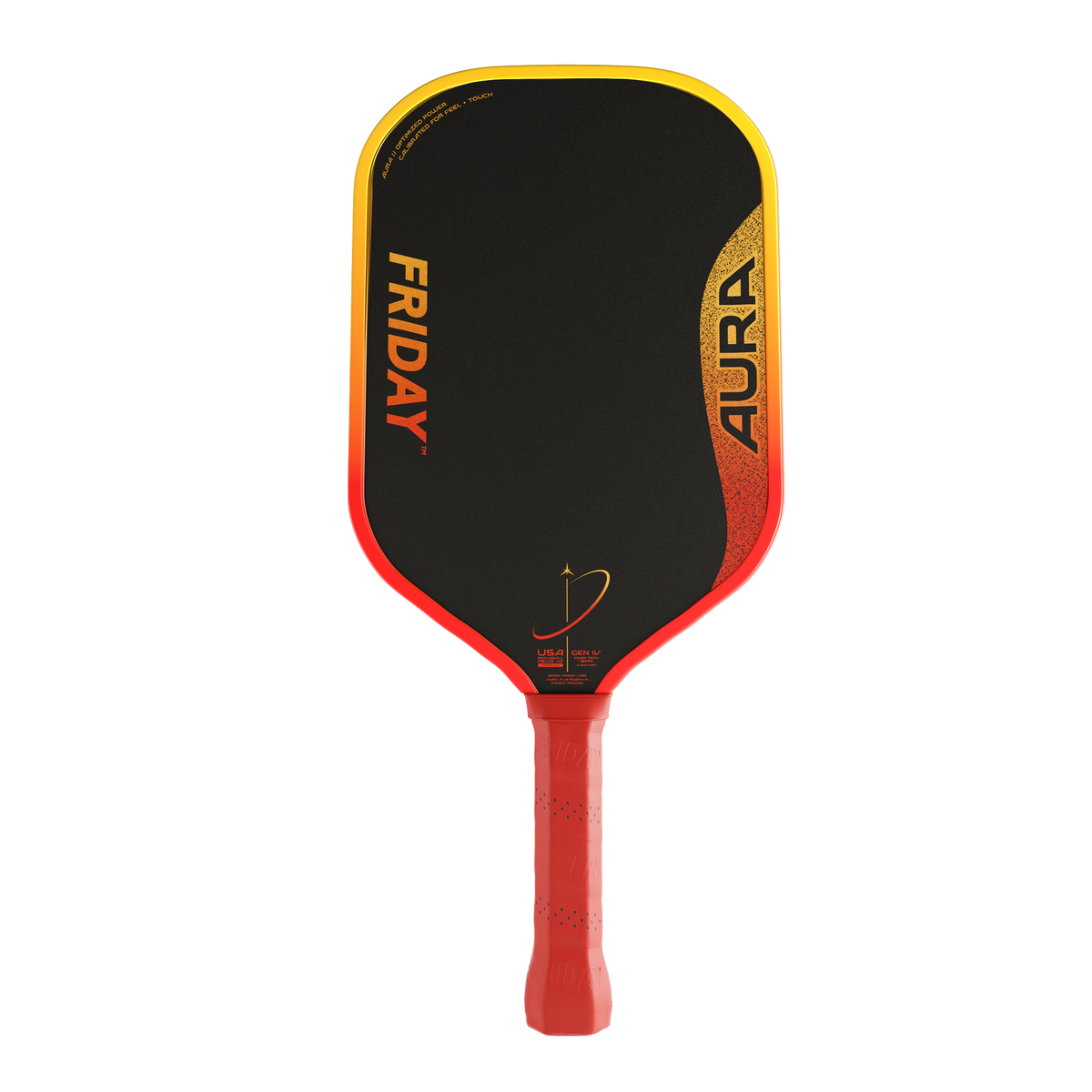 Friday Aura Gen 4 pickleball paddle in Solaris red, front view